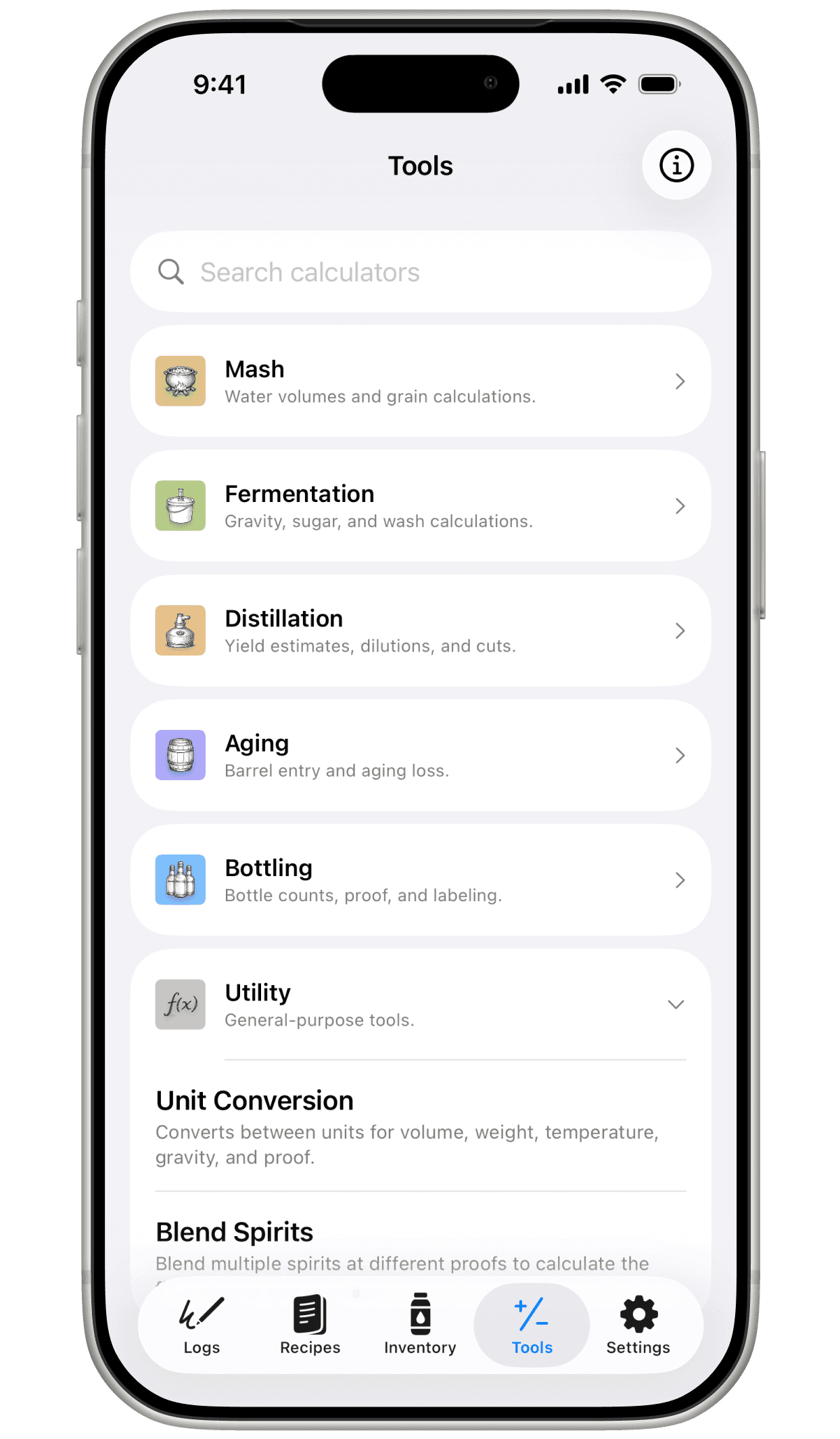 Mashpad Tools tab listing calculator categories: Mash, Fermentation, Distillation, Aging, Bottling, and Utility