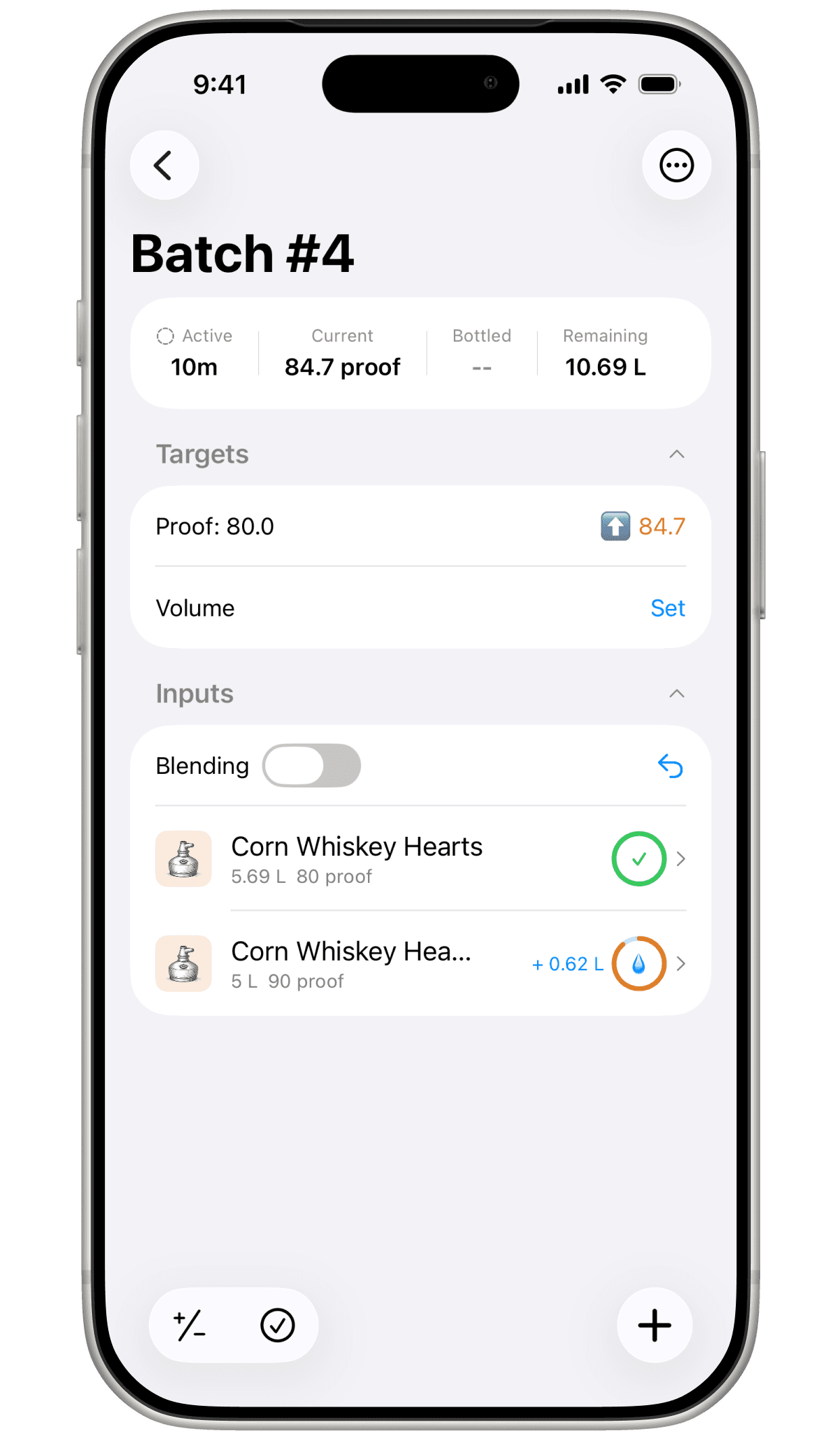 Mashpad batch detail showing active duration, current and bottled proof, remaining volume, proof and volume targets, and blending inputs