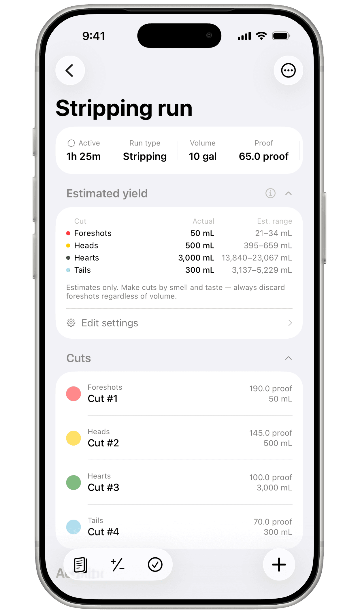 Mashpad estimated yield panel showing actual cut volumes vs. estimated ranges for foreshots, heads, hearts, and tails on a stripping run