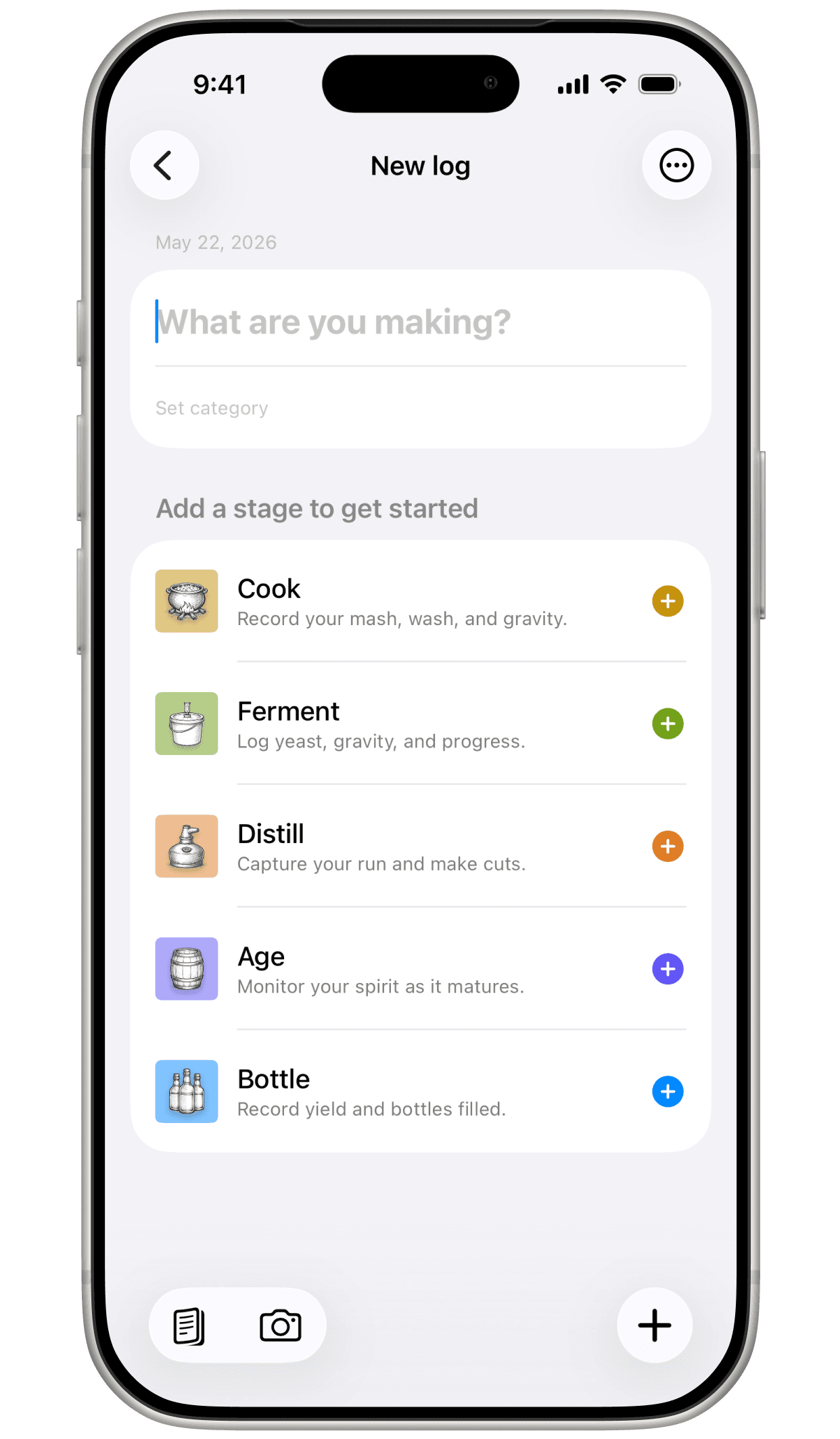 Mashpad new-log screen showing the five stages a batch can include: Cook, Ferment, Distill, Age, and Bottle